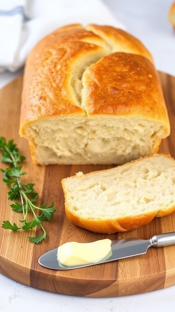 Freshly baked loaf of bread with a golden crust, sliced to show fluffy interior, on a wooden board.